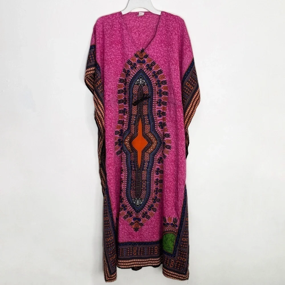 African Print Kaftan Cover up Dress With Drawstring, Pink Orange Black size S/M